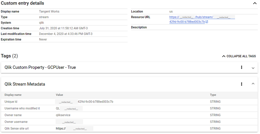 Viewing Qlik Stream metadata in Google Data Catalog