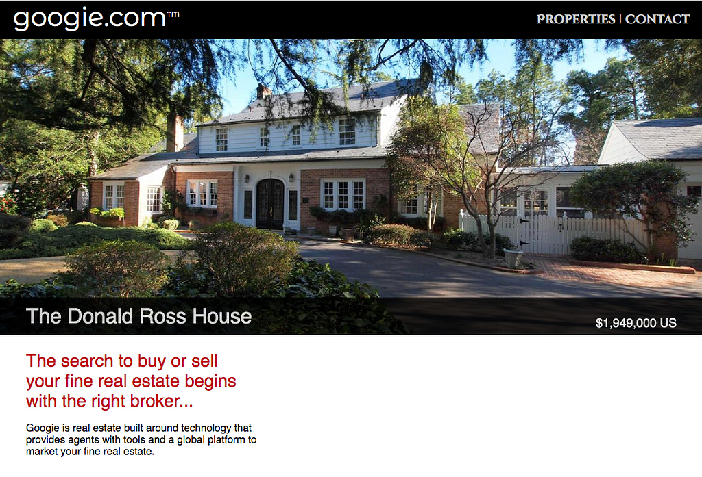 Screenshot of the home page of googie.com, a website for a real estate company