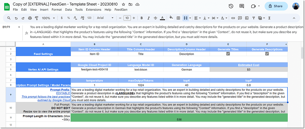 Google Sheets configuration for FeedGen