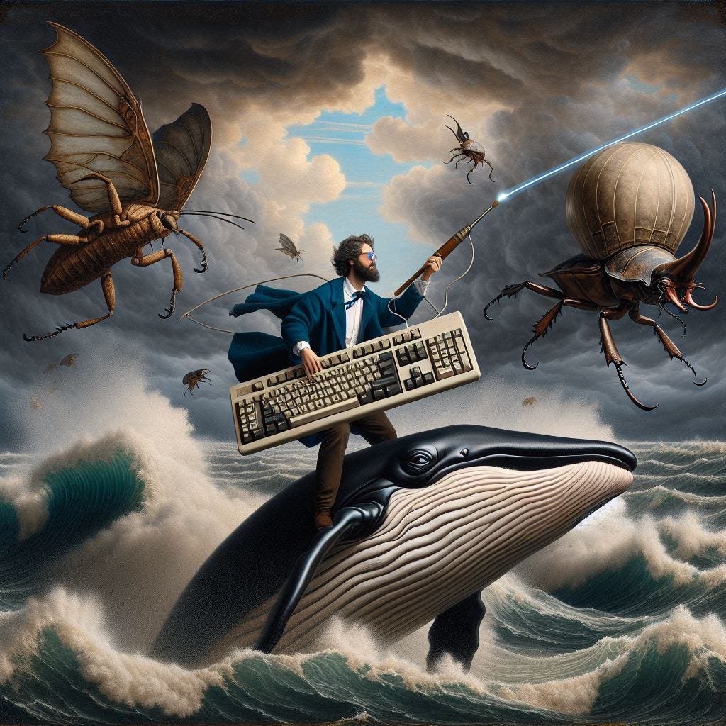 A developer riding a whale while battling beetles with a laser-shooting wand plugged to an old-school keyboard