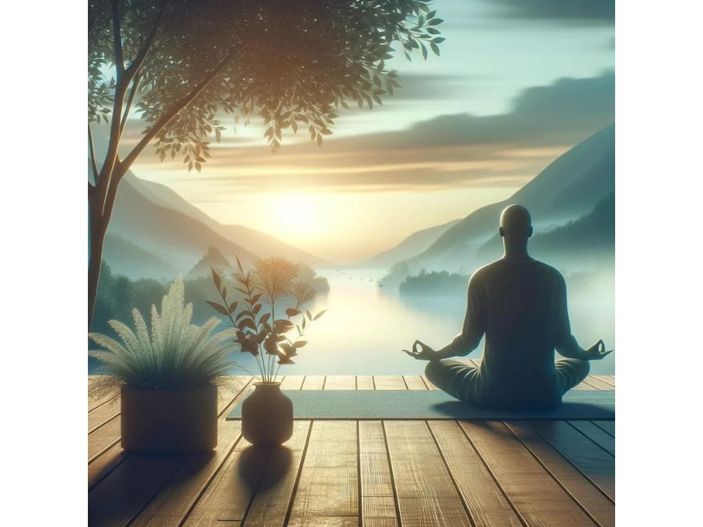 The image captures a serene setting where an individual is seated in a relaxed posture, engaged in mindfulness meditation. Soft light and subtle elements of nature enhance the atmosphere, symbolizing a brief yet profound retreat into tranquility.