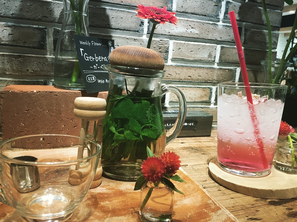 a random photo of delicious summer drinks at a flower market in Japan