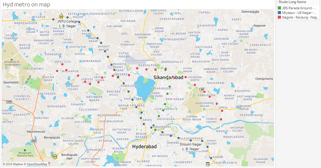 Hyderabad metro routes plotted on a map.