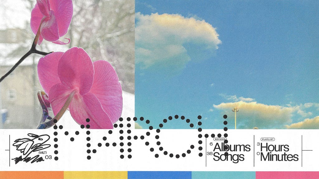 A header graphic divided in to horizontal sections. The top section has two photos next to each other with no padding. On the left is a a close-up photo of the back of two pink orchid flowers in front of a snow-covered windowsill. On the right is a a photo of a blue sky with two large clouds, and the top of a large highway streetlight pole. Below the photos is text denoting March’s edition of WILT (this post) and the metadata of the music described throughout.