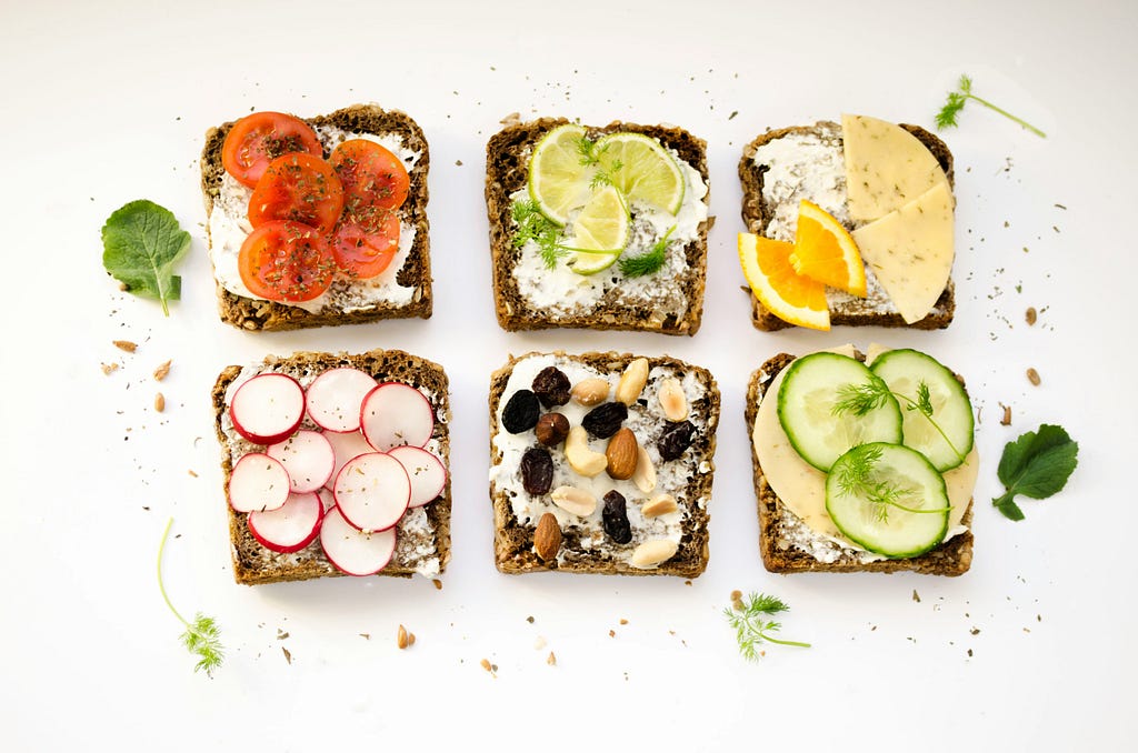 A selection of sandwiches with different toppings and fillings.