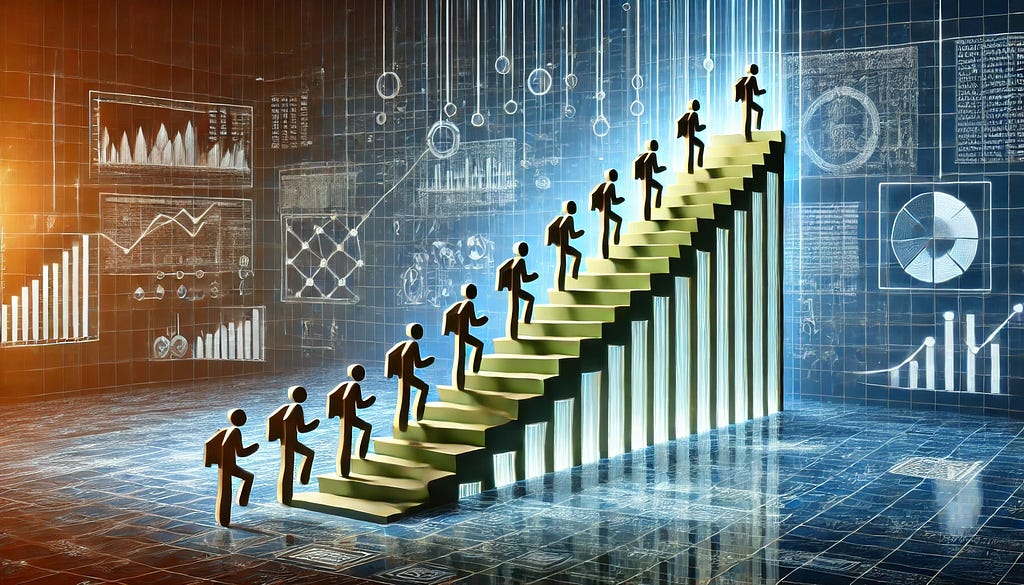 Abstract digital artwork depicting multiple figures ascending a stylized staircase, representing the diverse solutions to the Climbing Stairs problem.