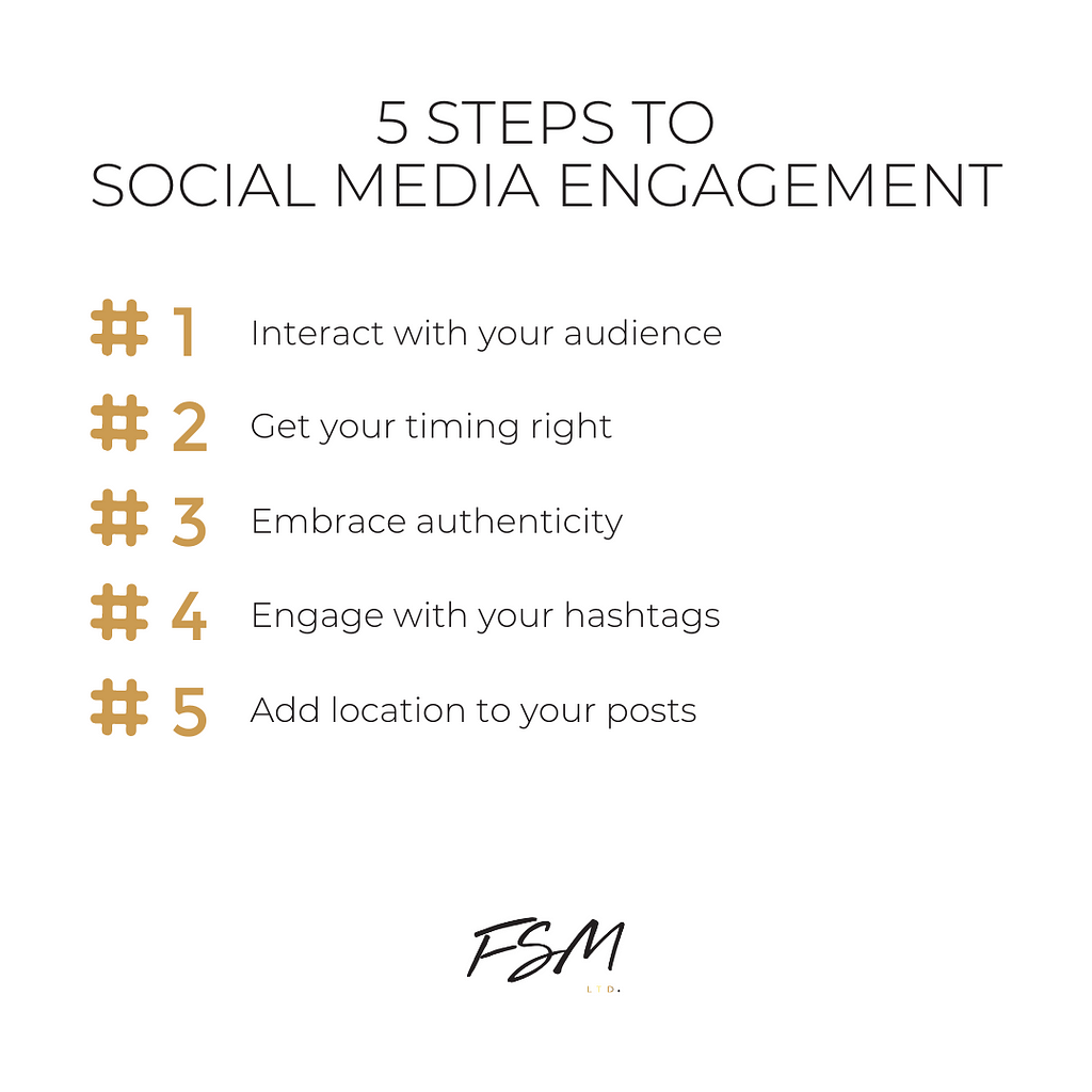 Infographic displaying 5 steps to reach high levels of social media engagement to maximise brand strategy by Food Story Media