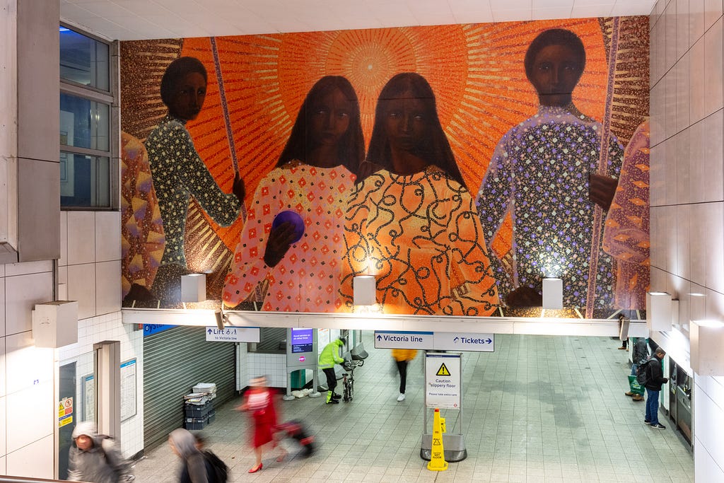 Jem Perucchini, ‘Rebirth of a Nation, 2023. Brixton Underground station. Commissioned by Art on the Underground. Photo: Angus Mill” title=”Jem Perucchini, ‘Rebirth of a Nation, 2023. Brixton Underground station. Commissioned by Art on the Underground. Photo: Angus Mill