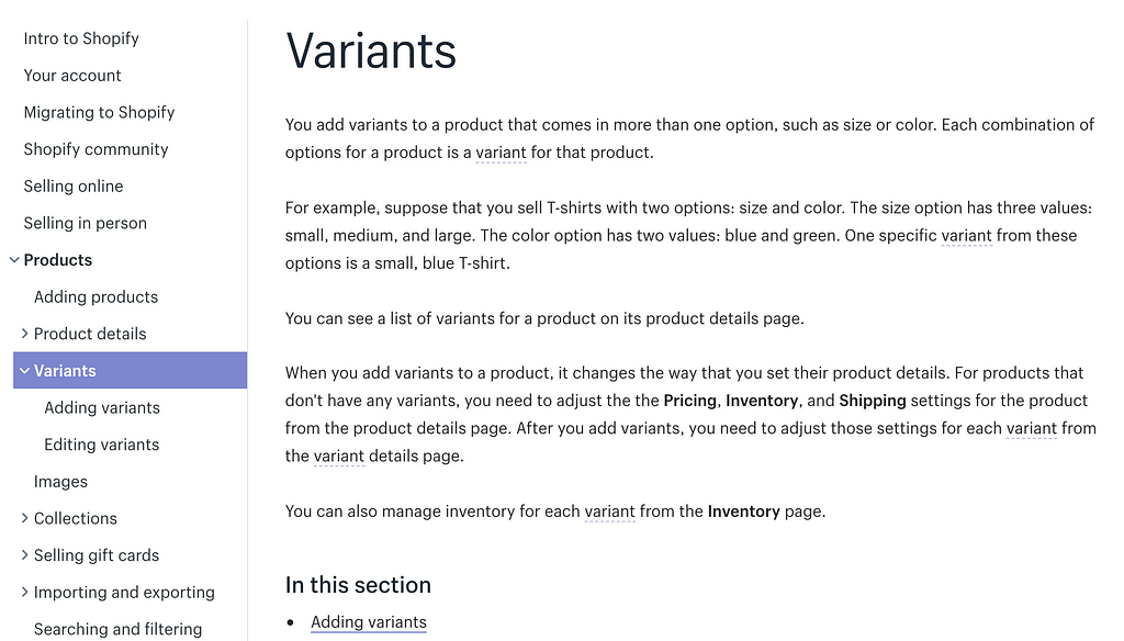 A screenshot of the Shopify Documentation about Variants