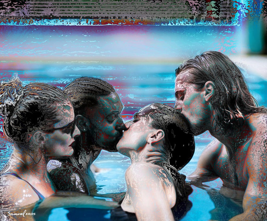 Two woman in a pool having group sex with two men — erotic image for a sex story by Samarel Eros
