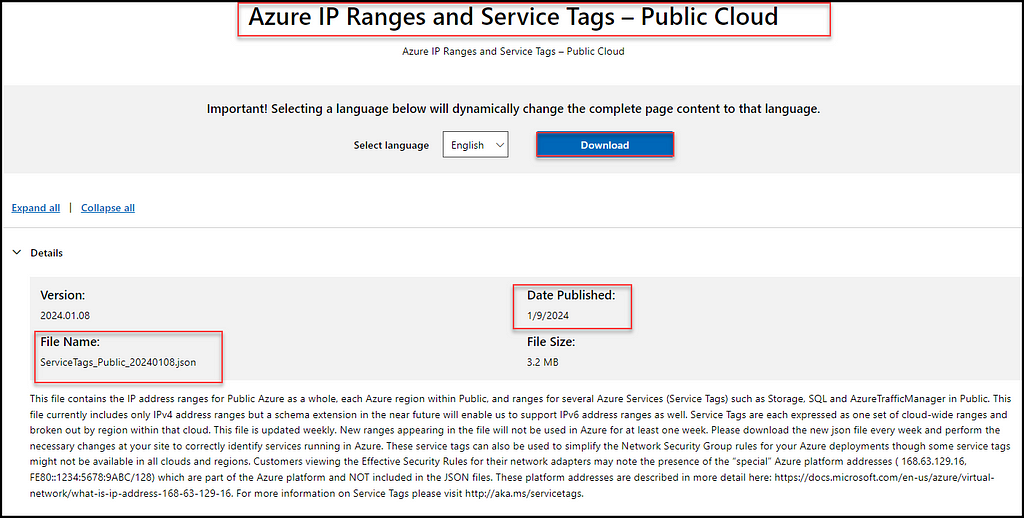 Figure 10 — shows the JSON file for the Azure IP Ranges and Service Tags. r3d-buck3t, JSON, Azure
