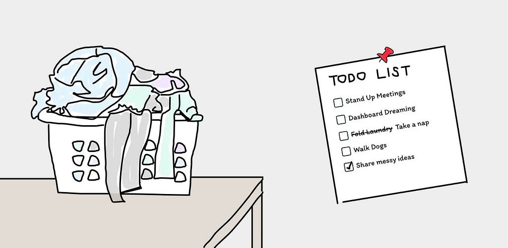 Illustration of an overflowing basket of laundry and a todo list.