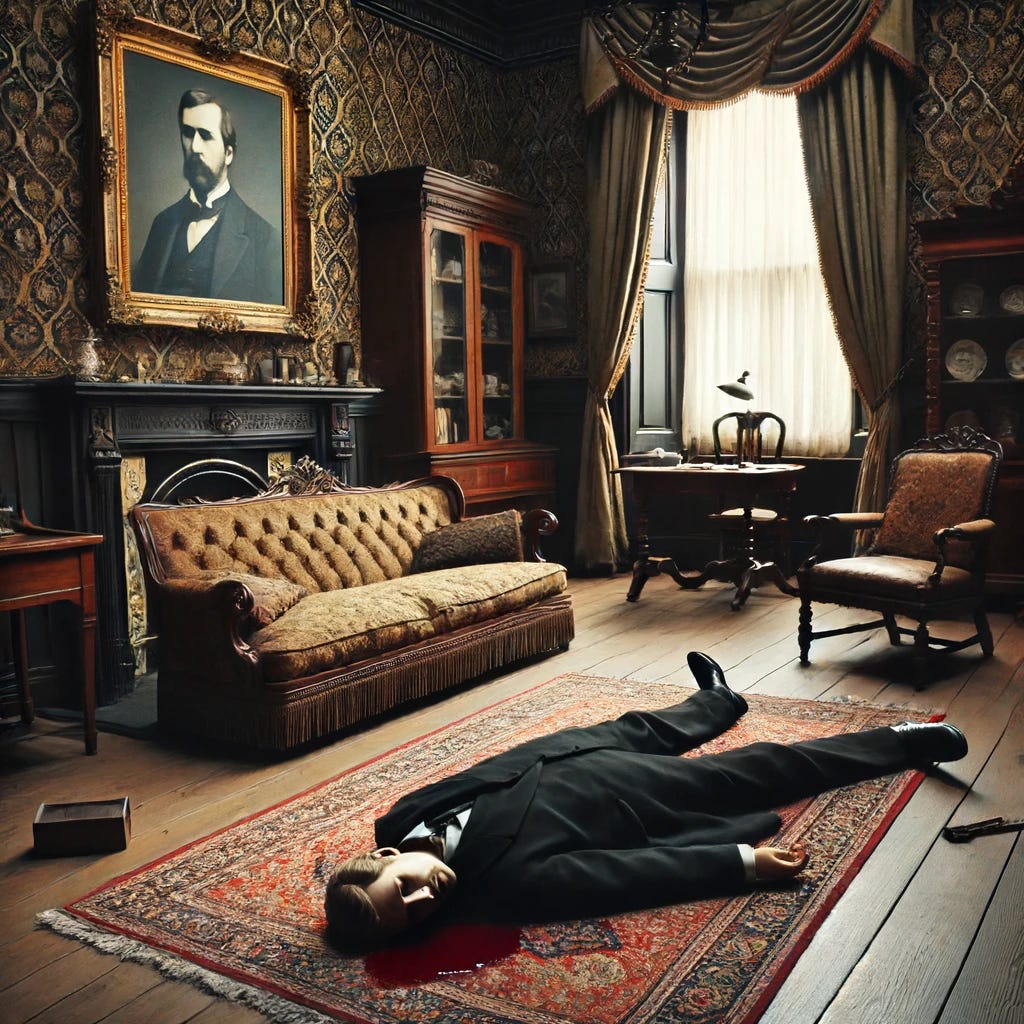 An image depicting the murder scene of Andrew Borden in the sitting room. The scene should show a Victorian-era room with a sofa and Andrew Borden lying dead