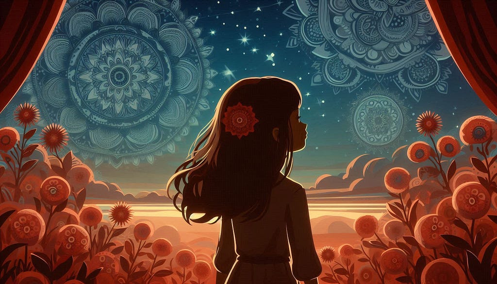 A little girl, standing in a garden with rusty orange flowers, looking at the horizon with beautiful mandala patterns in the sky.