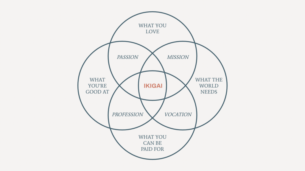 A graphical representation of the 4 circles that make up Ikigai