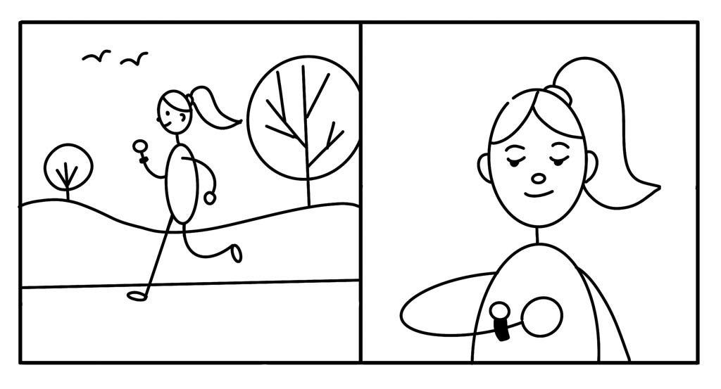 A stick figure storyboard — in panel 1, a girl jogs in a park. In panel 2, she looks down at her fitness watch.