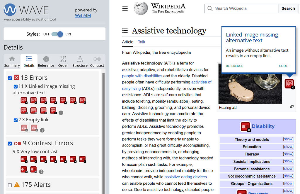 The WAVE accessibility checker is used to identify images with missing alternative text on the wikipedia page for assistive technology