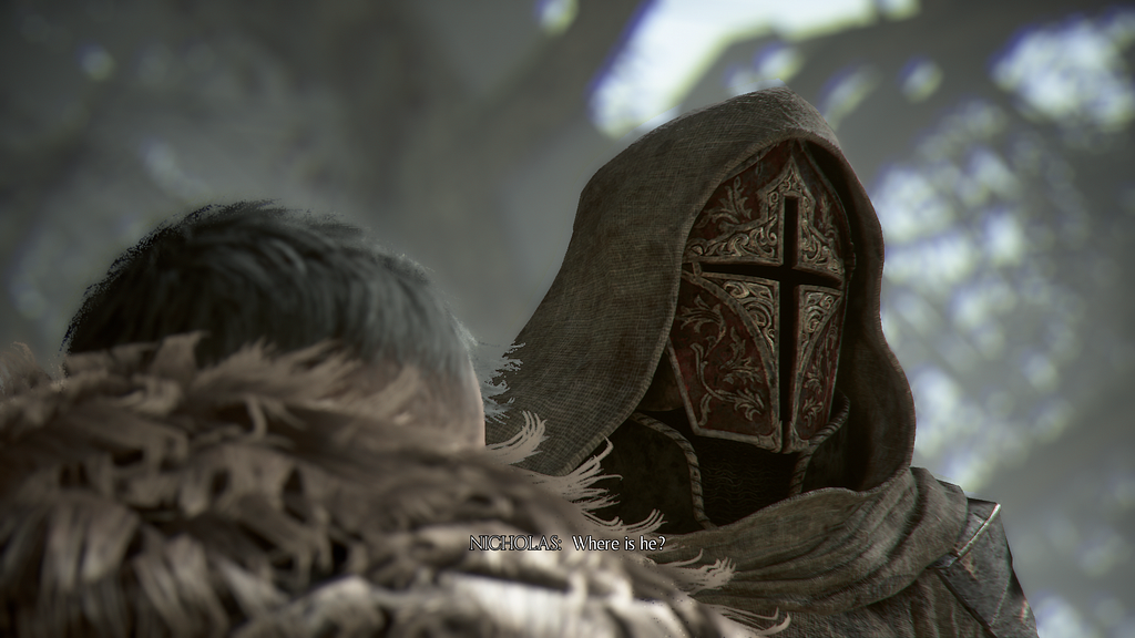 A man on the ground looks up at an imposing knight in a grey hood; his mask is ornate, with only a slit cross for a visor.