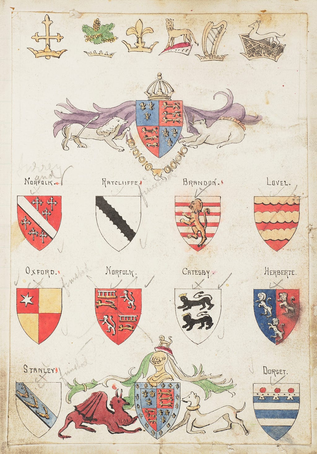 Twelve hand-painted heraldic shields, two with mantles and supporters, in rows of one, four, four, three. Six crests above.