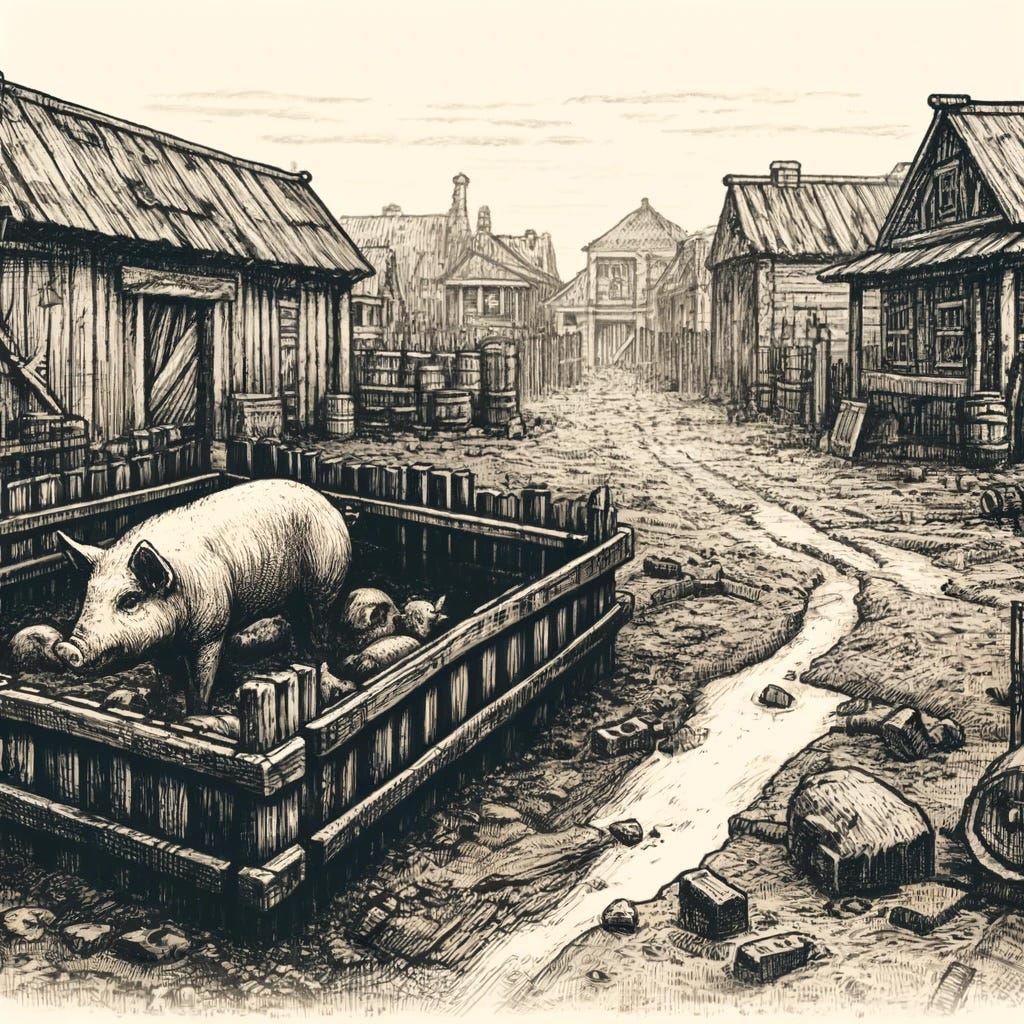 A pig pen in a medieval setting.