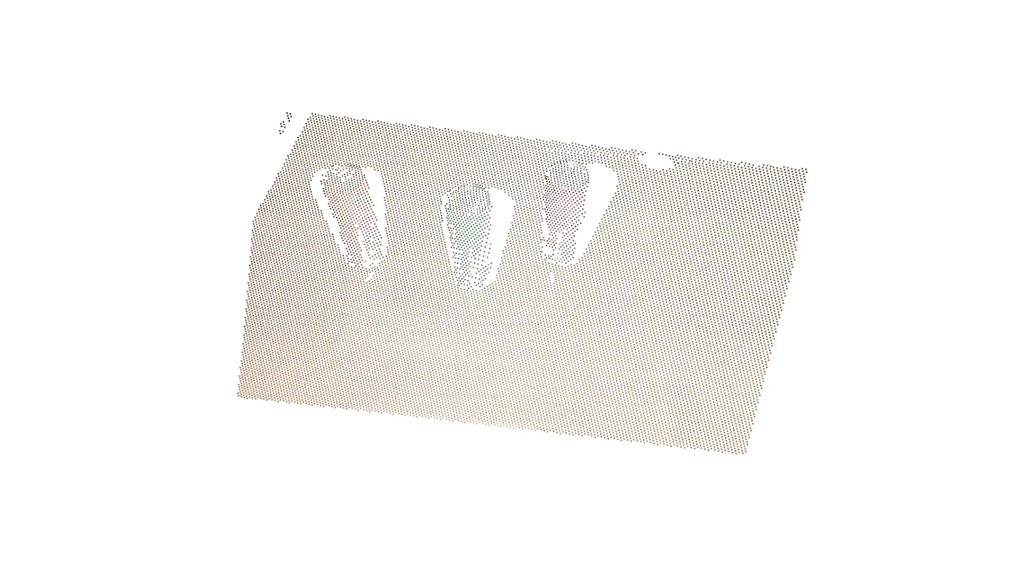 Raw industrial 3D point cloud of objects resting on a flat surface before Plane Proximity separation.