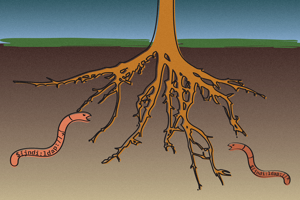 Illustration showing worms with Log4Shell string nipping at the roots of a tree under a blue sky.