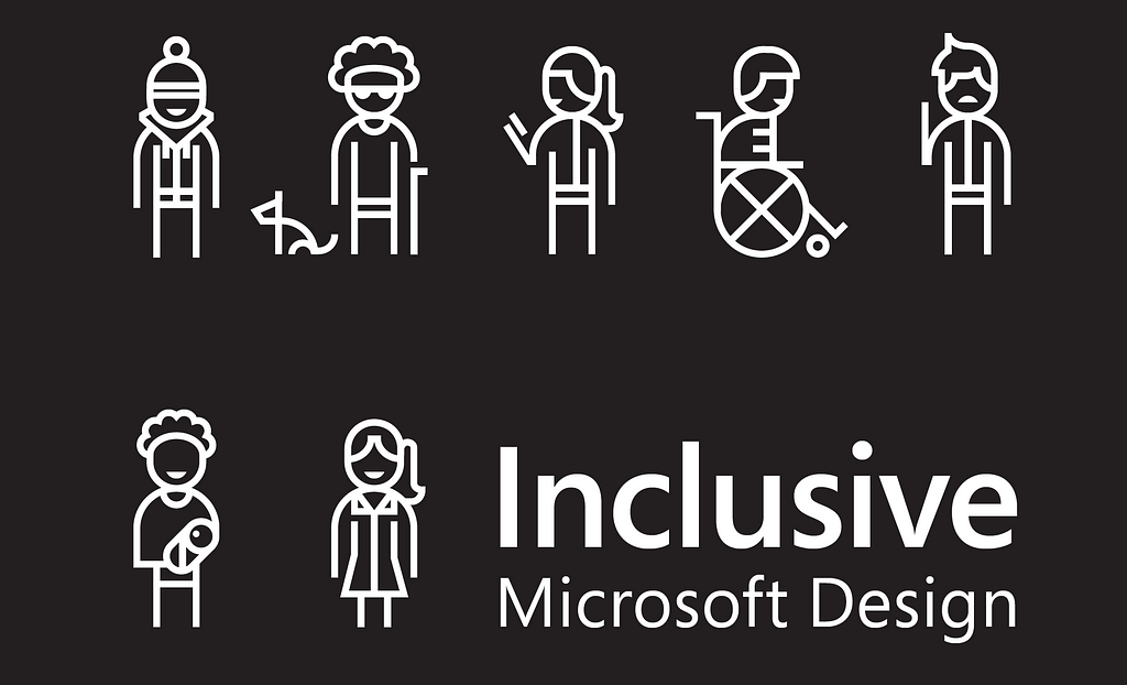Parte da capa do guia da Microsoft para design inclusivo. A imagem é composta por desenhos em linha, que representam pessoas com alguma deficiência e Inclusive Microsoft Design, escrito em inglês.