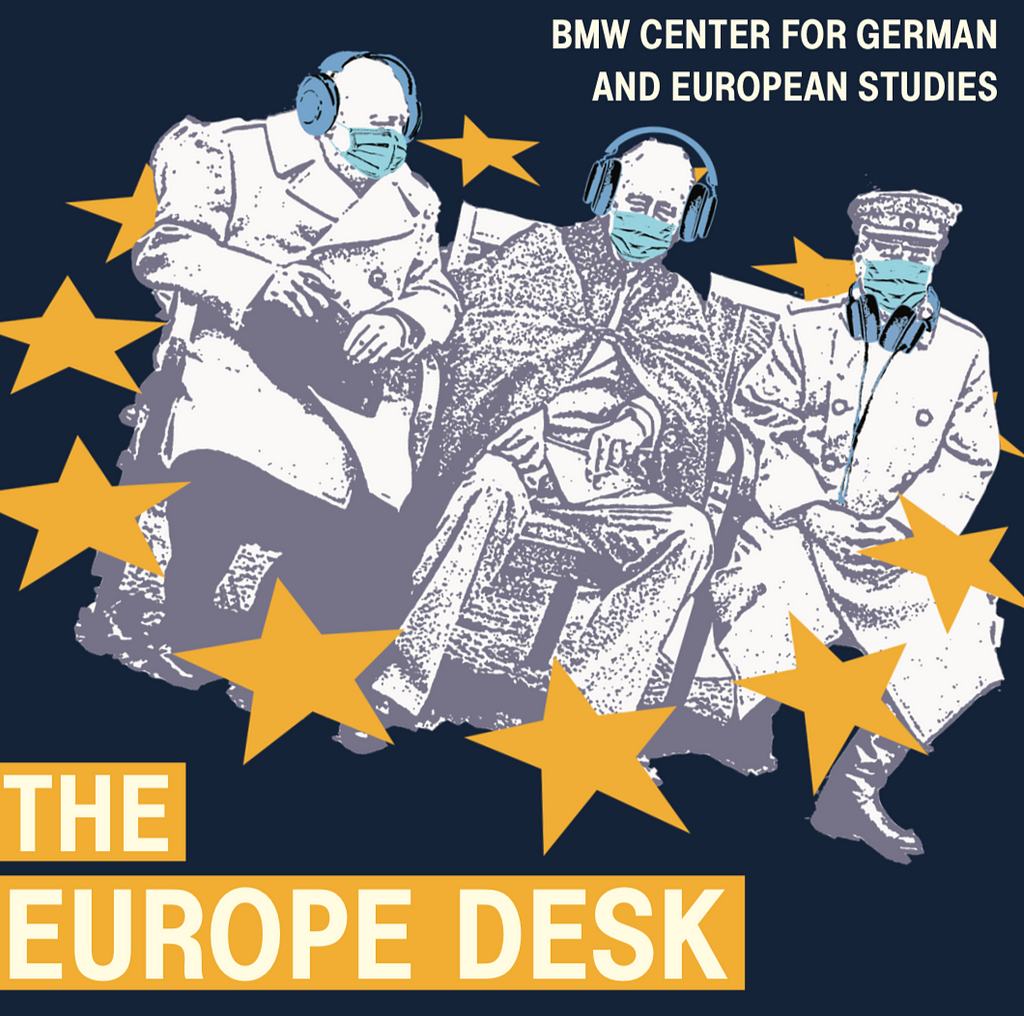 Churchill, Roosevelt and Stalin wearing masks and headphone at the Yalta conference (The Europe Desk logo)