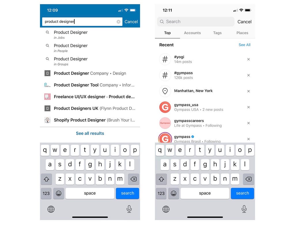 LinkedIn and Instagram federated searches screenshots