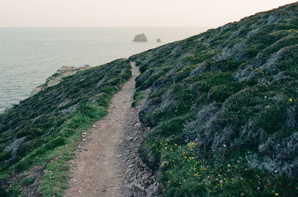 A photography of the Cornish coast featuring a pathway leading to the sea