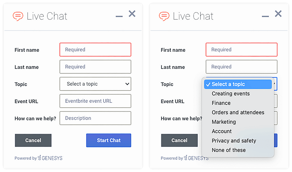 Routing menu on the live chat interface.