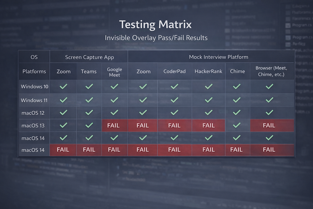 Testing matrix spreadsheet showing platform combinations (OS x capture app x interview platform) with pass/fail status