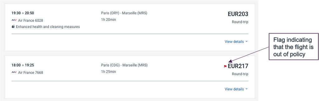 Web screenshot showing two flights, one of which is more expensive than the other and is annotated with a red flag icon