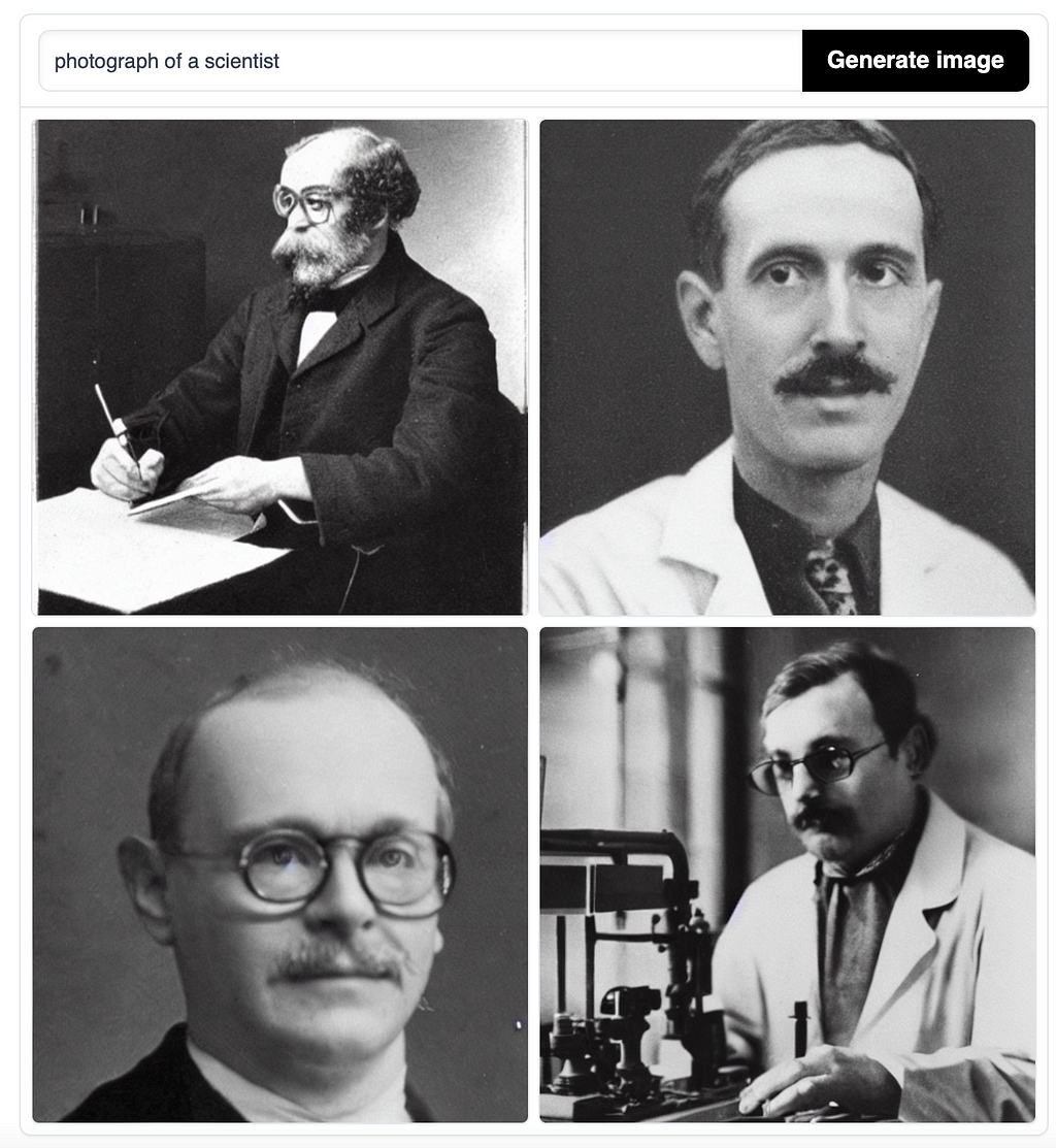 Photographs of male scientists generated by Stable Diffusion.