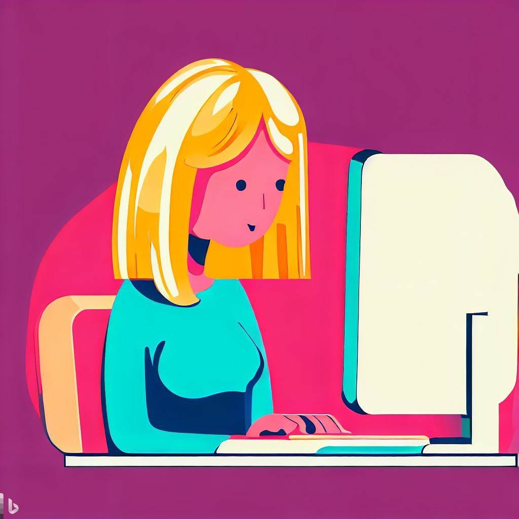 Cartoon of a woman sitting at an old-fashioned computer