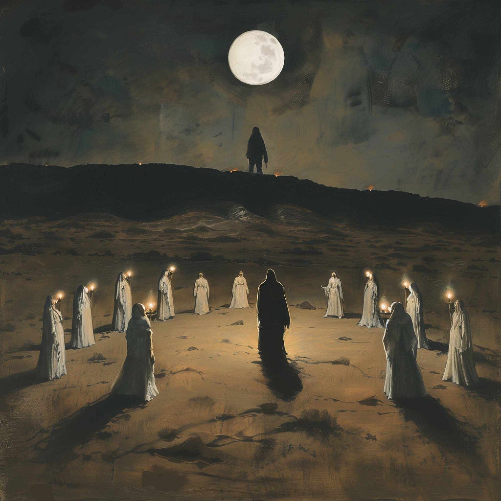 A group of women holding candles stand in a circle around a stall sinister figure. Another shadowed figure stands on a hill in the distance.