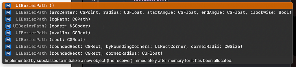 A print of the Xcode class initialization code for the UIBezierPath, consisting of various initializations