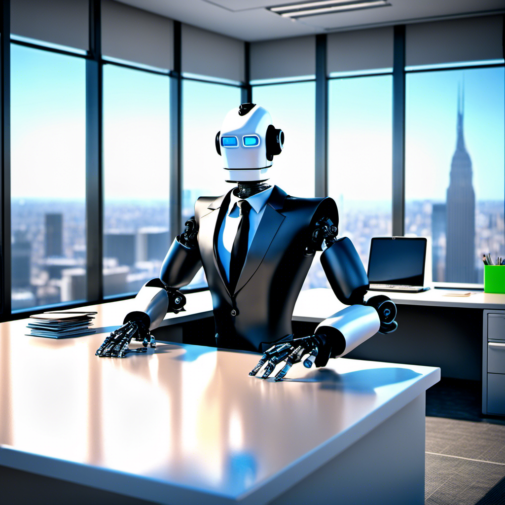 A robot sitting behind a desk, in a high-rise office.