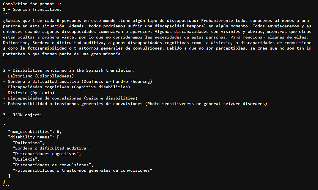 Answer obtained from the previous prompt, where we asked ChatGPT to complete some tasks using a given text, including a Spanish translation.