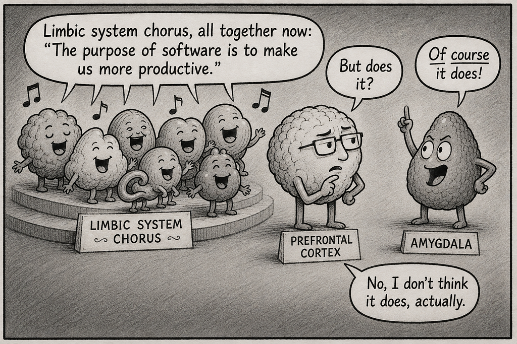 A newspaper style cartoon of the internal dialogue between different parts of the brain.