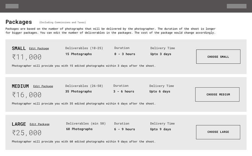 Wireframe of default state of packages in photographer’s profile.