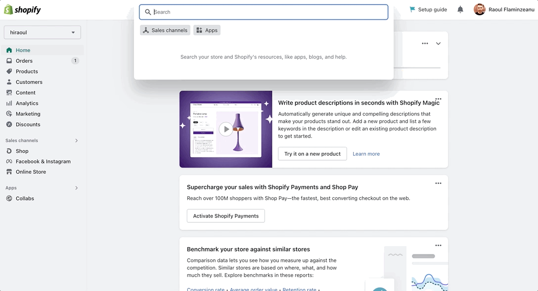 An animated gif of Shopify’s search bar function