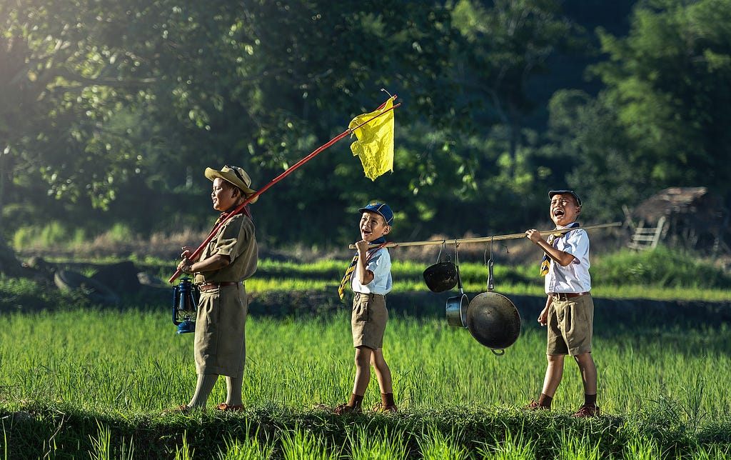 Boy Scouts walking.