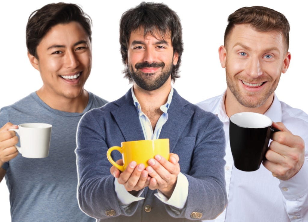 3 smiling men holding out cups