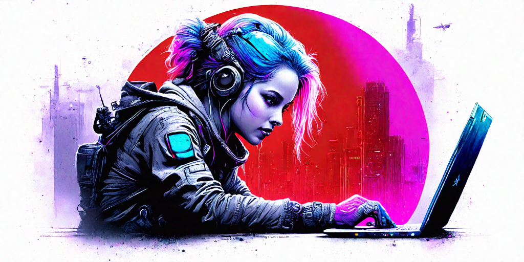 A cyberpunk designer working on a laptop
