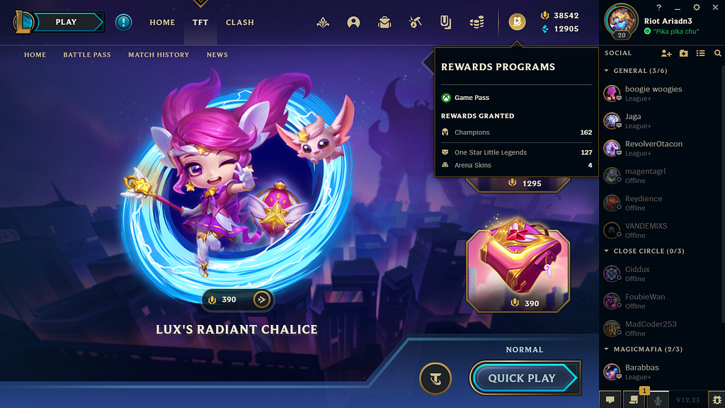 Screen capture of the League of Legends PC client on the TeamFight Tactics tab. The mouse is hovering over a gold circle with a white icon in the header, located to the left of the currency counters. The hover has caused an overlay titled “Rewards Programs” to appear. It shows “Game Pass” as an active Rewards Program, and it lists the types of rewards currently unlocked through the program.