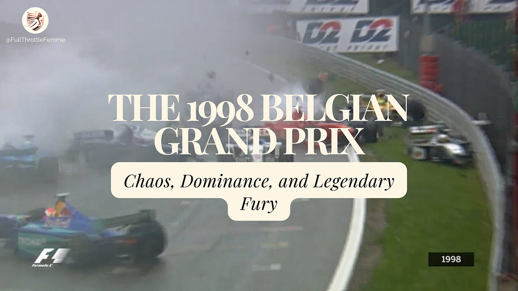 An image of the multi-car accident on the opening lap of the 1998 Belgian Grand Prix with the text: The 1998 Belgian Grand Prix — Chaos, Dominance, and Legendary Fury