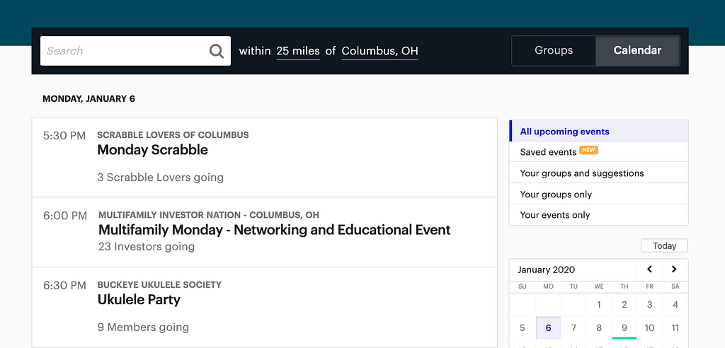 meetup.com event calendar
