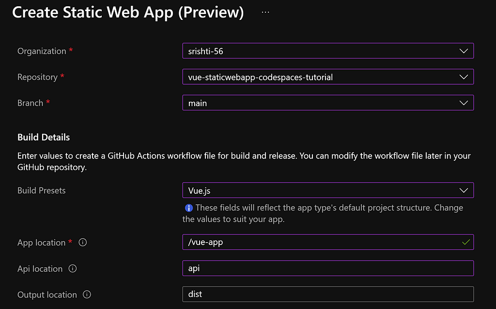 Sample of Create Static Web App (Preview) page from Azure with fields auto-filled with text already mentioned in blog post.