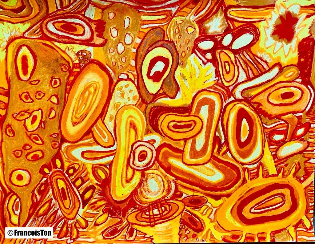 This is an abstract composition of biomorphic forms in vivid yellows, oranges, and reds. It is like a chaotic microscopic environment, with oval and oblong shapes suggestive of cells, nuclei, and organic tissue. Many forms are ringed or layered concentrically, evoking cellular membranes or cross-sections of plant structures. Some figures have internal dot patterns, resembling spores or organelles. The background is densely packed with these shapes, creating a sense of biological entanglement.